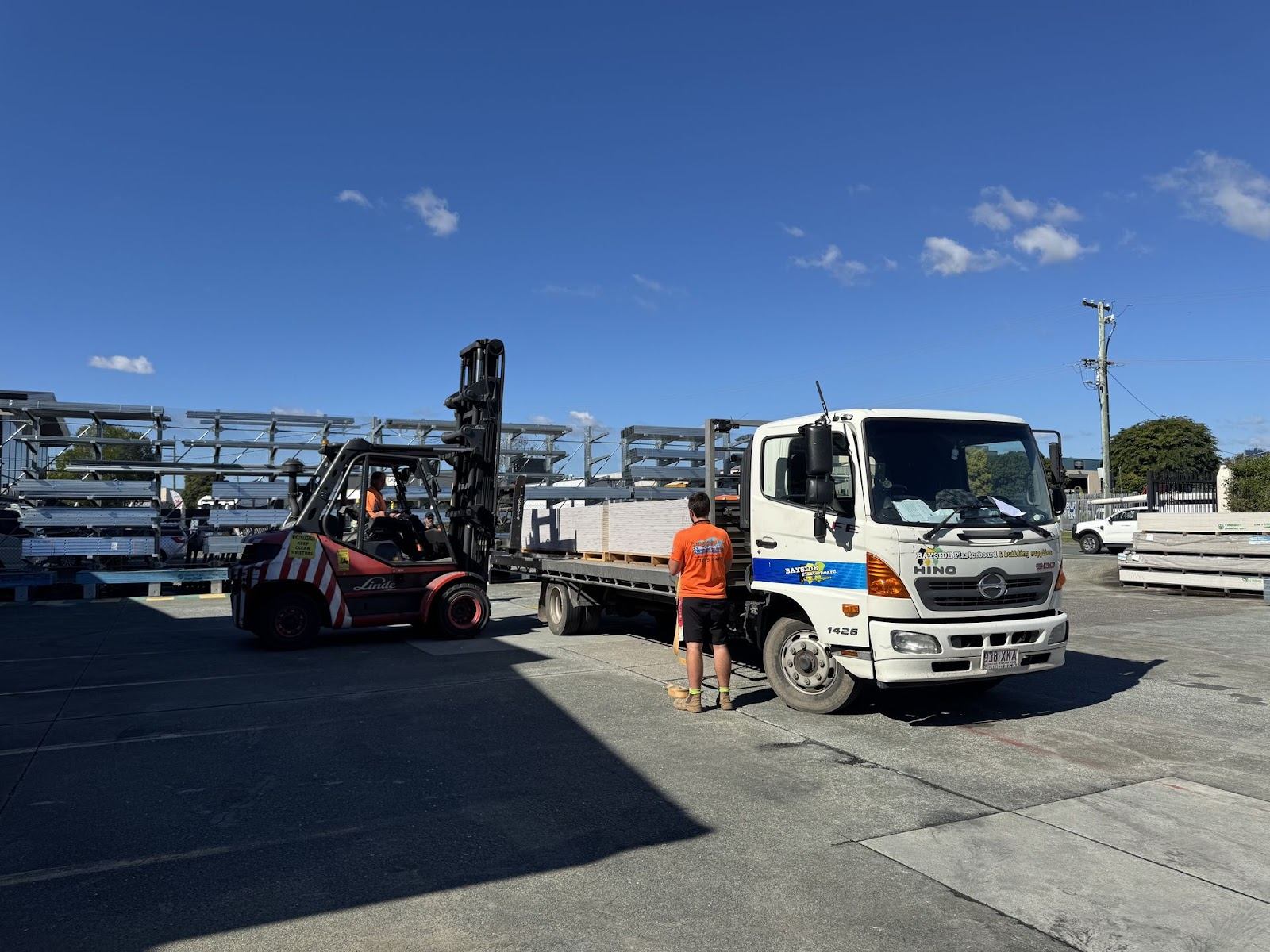 Bayside Plasterboard yard with racked plasterboard stock, Brisbane