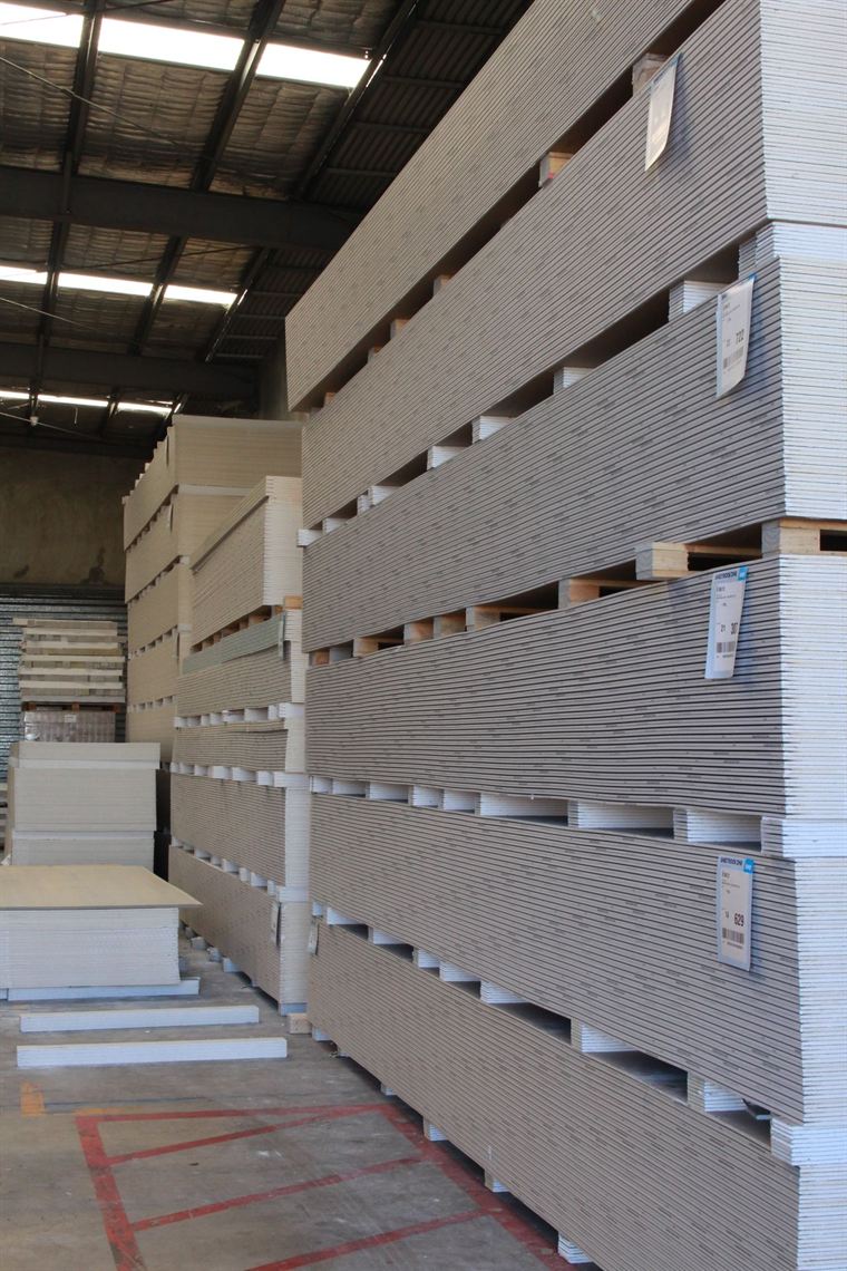 Pallets of fire-rated plasterboard stocked at Bayside Plasterboard